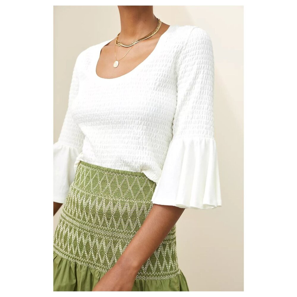 Women’s White Anthropologie Smocked Bell-Sleeve Top | Size Medium